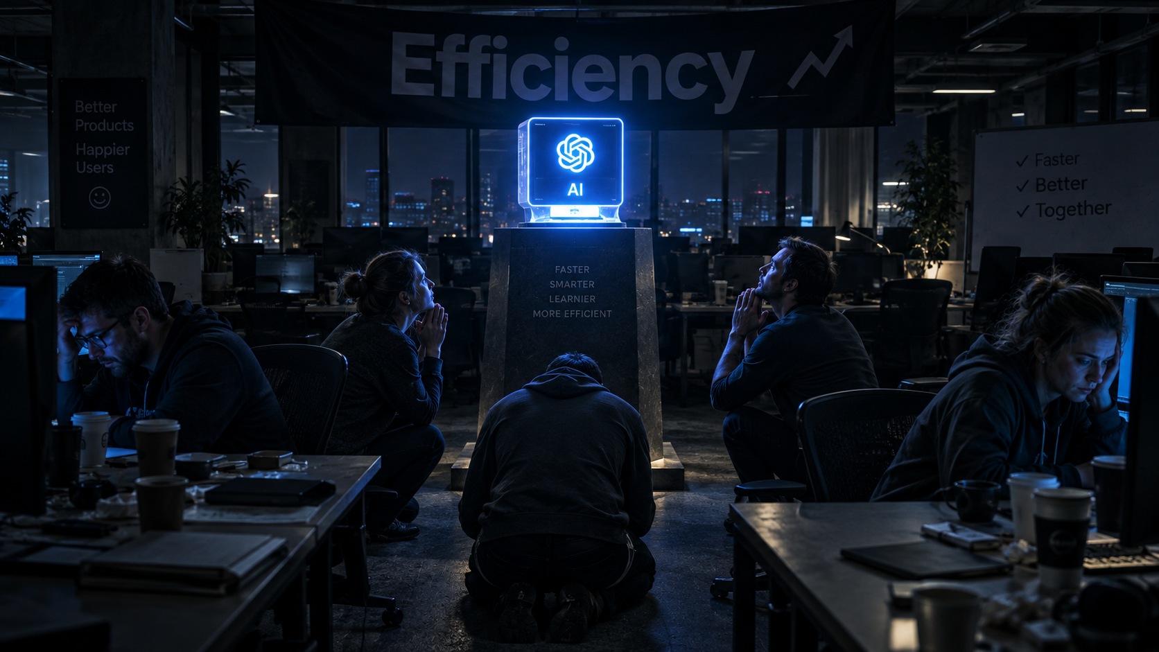 Уставшая команда в ночном офисе у светящегося ИИ-терминала под баннером Efficiency